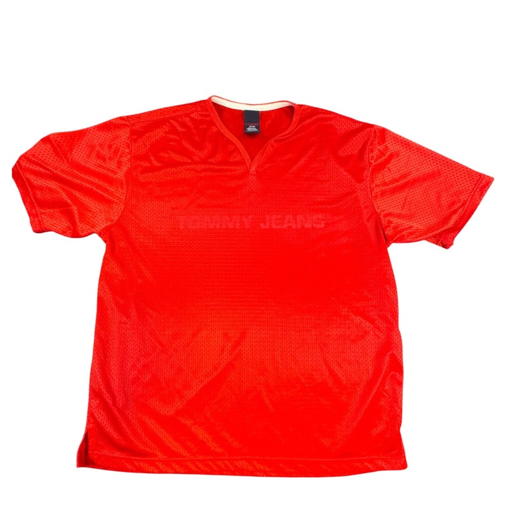 #86 Tommy Jeans Red Mesh Jersey V-Neck Short Sleeve Logo T-Shirt Mens Large‎